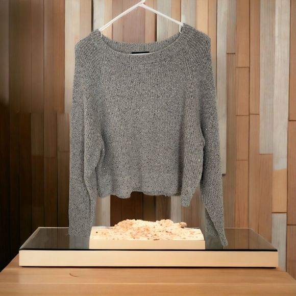 Express Women's Silver Sequined Gray Crewneck Crop Ribbed Sweater Medium - Picture 6 of 15